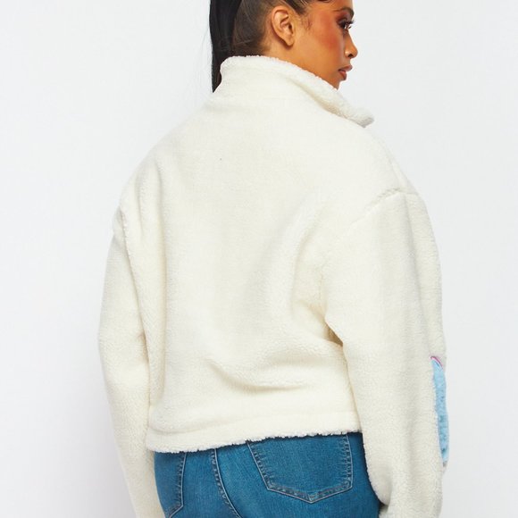 Valentine’s Day Sherpa Cozy Oversized Sweater Jacket with Hearts Love White Blue - Picture 4 of 4
